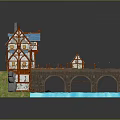 Traditional European Wooden Houses With Blue Roofs And Stone Bridge Over Water
