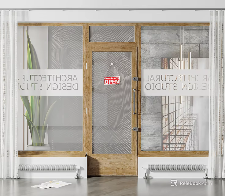 Wooden Frame Swing Door With Geometric Glass For Architectural Design Studio 3d model 