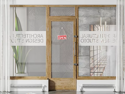 Wooden Frame Swing Door With Geometric Glass For Architectural Design Studio 3d model