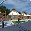 Aerial Planning of Traditional Tents Complex With Green Landscape and Pedestrian Walkway