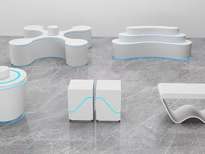 Modern Tobacco and Alcohol Store Interior Featuring White Display Counters With Blue Accent Lines 3d model