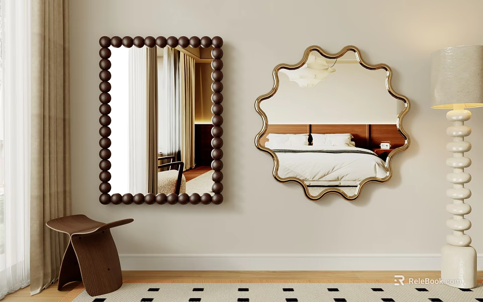 Two Stylish Decorative Mirrors with Beaded Frame and Golden Scalloped Design on Wall 3d model 