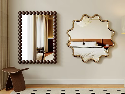 Two Stylish Decorative Mirrors with Beaded Frame and Golden Scalloped Design on Wall 3d model