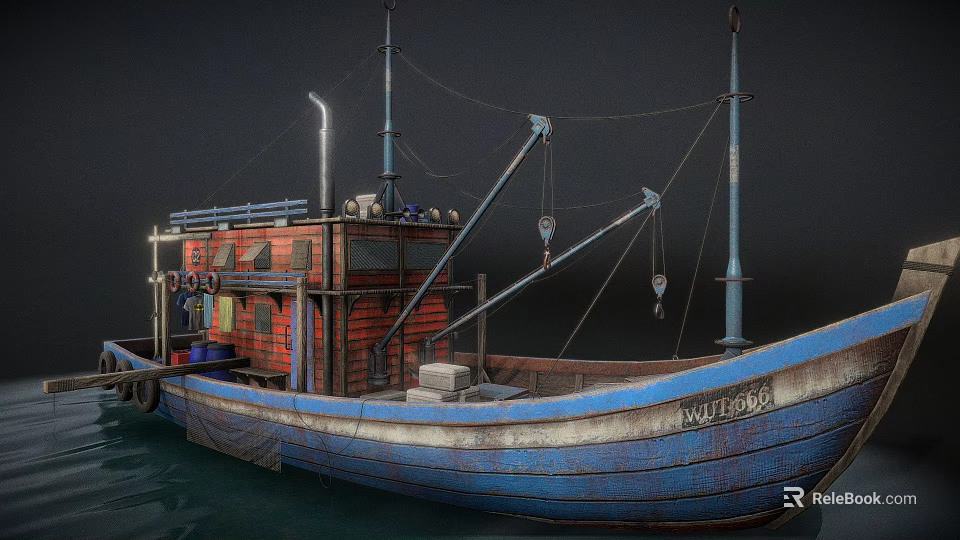 Wu Peng Blue And White Wooden Boat With Cabin Crane Ropes And Chimney On Water 3d model 