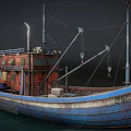 Wu Peng Blue And White Wooden Boat With Cabin Crane Ropes And Chimney On Water