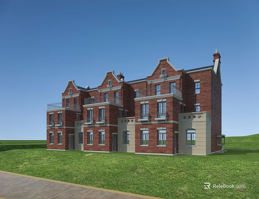 Red Brick Townhouse Exterior With Multi Storey Design And Balconies In Green Grass Field 3d model 