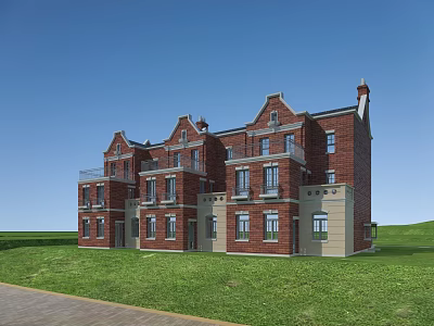 Red Brick Townhouse Exterior With Multi Storey Design And Balconies In Green Grass Field 3d model