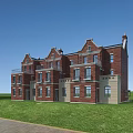 Red Brick Townhouse Exterior With Multi Storey Design And Balconies In Green Grass Field
