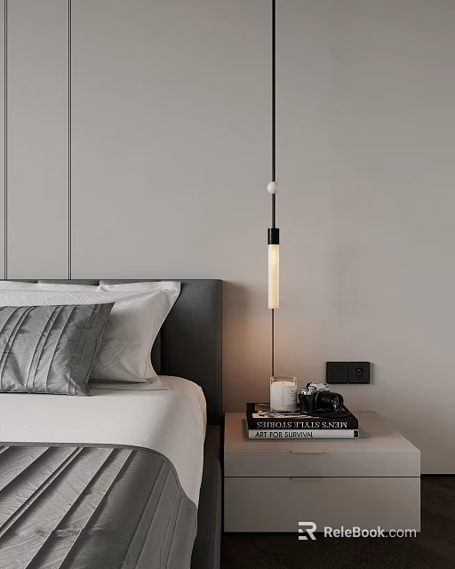 Modern Bedroom Pendant Light With White Bedding Gray Pillows And Nightstand 3d model 