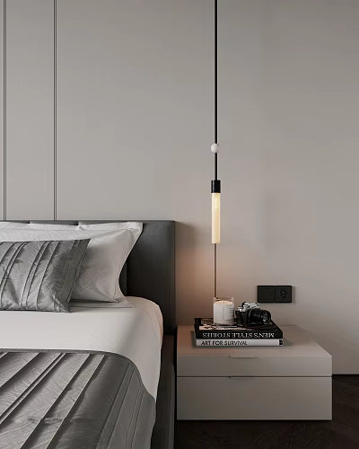 Modern Bedroom Pendant Light With White Bedding Gray Pillows And Nightstand 3d model