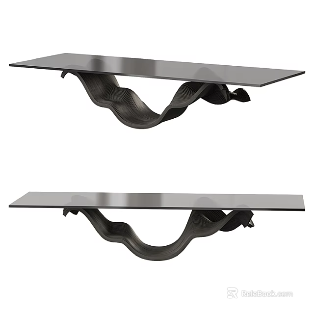 Modern Sofa Coffee Table Set With Glass Top And Wave Shaped Metal Base 3d model 