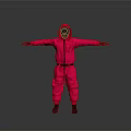 Person In Neon Pink Jumpsuit With Hood Circular Opening Arms Outstretched Against Gray Background