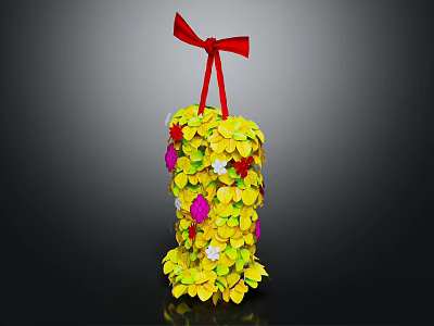 Decorative Plant Arrangement With Yellow Leaves Colorful Flowers And Red Bow On Top 3d model