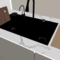 Black Double Bowl Kitchen Sink With Modern Faucet And Wooden Cutting Boards On Marble Countertop