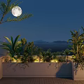 Moonlit Terrace With Various Potted Plants Light Strips And Sea View
