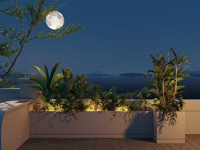 Moonlit Terrace With Various Potted Plants Light Strips And Sea View 3d model