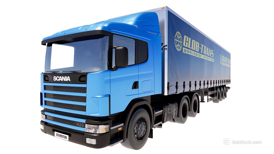 Blue Scania Curtain Side Cargo Truck With Global Trans Logo Design 3d model 