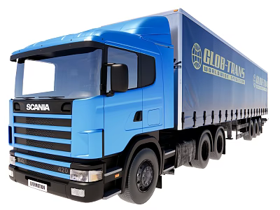 Blue Scania Curtain Side Cargo Truck With Global Trans Logo Design 3d model