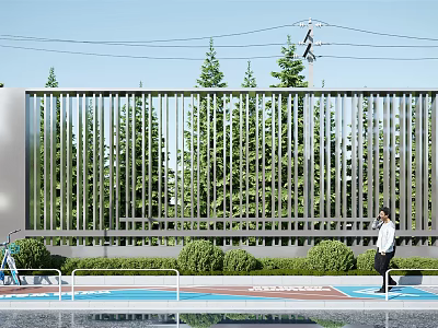 Modern Building Exterior Wall With Vertical Metal Slats And Surrounding Pine Trees Bushes 3d model
