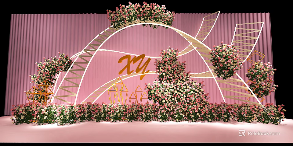 Romantic Photo Spot With Pink Backdrop Floral Arch And Golden Letters XY 3d model 