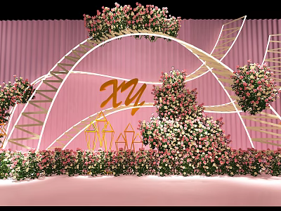 Romantic Photo Spot With Pink Backdrop Floral Arch And Golden Letters XY 3d model