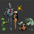 Vibrant Characters And Creatures Including Female Figure Robots Small Robot Flying Creature And Mechanical Vehicle