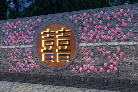 Chinese-style ancient town double happiness theme landscape wall old to urban renewal dilapidated green brick wall blue and white porcelain decorative landscape wall net red punch card 3d model