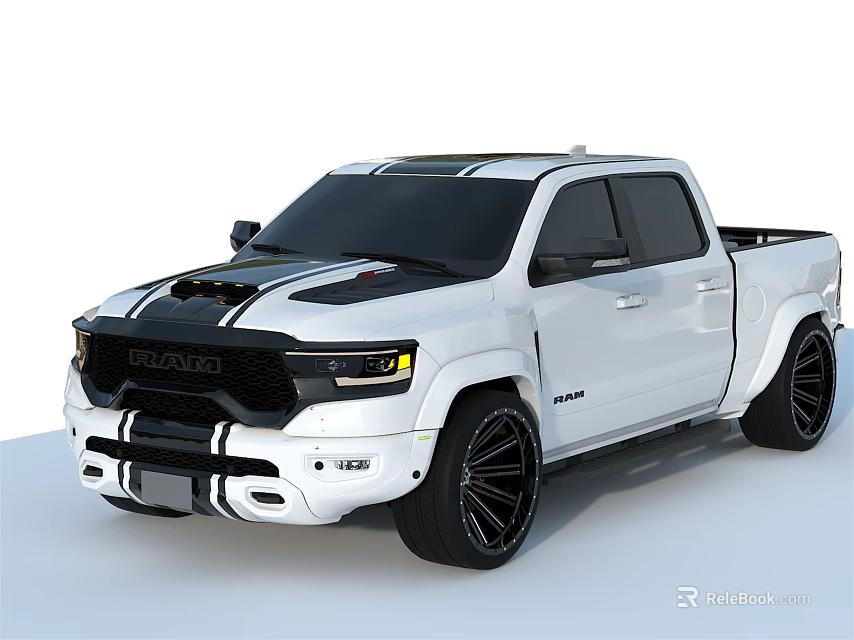 White Pickup Truck With Black Racing Stripes Black Alloy Wheels And Aggressive Front Grille Design 3d model 