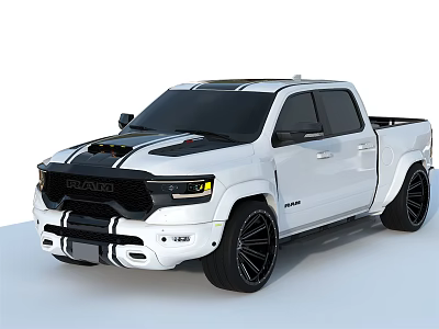 White Pickup Truck With Black Racing Stripes Black Alloy Wheels And Aggressive Front Grille Design 3d model