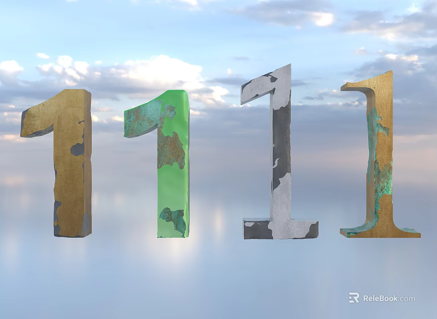 Colorful 1111 Sculptural Art Installation With Gold Green Black White Copper Tones Against Sky Clouds 3d model 