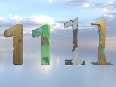 Colorful 1111 Sculptural Art Installation With Gold Green Black White Copper Tones Against Sky Clouds 3d model