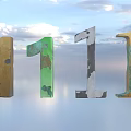 Colorful 1111 Sculptural Art Installation With Gold Green Black White Copper Tones Against Sky Clouds