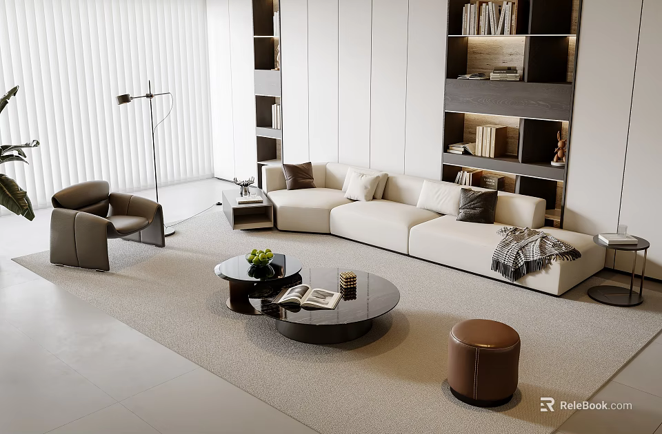 Modern Luxury Cream Sectional Sofa And Round Glass Coffee Table Set For Elegant Living Room 3d model 