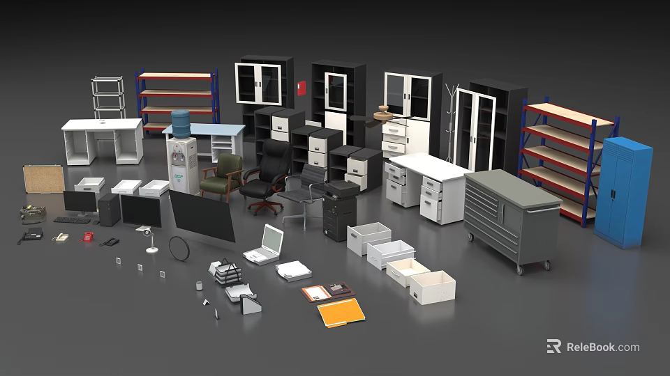 Modern Office Desk With Ergonomic Chair Filing Cabinet Computer And Bookshelf 3d model 