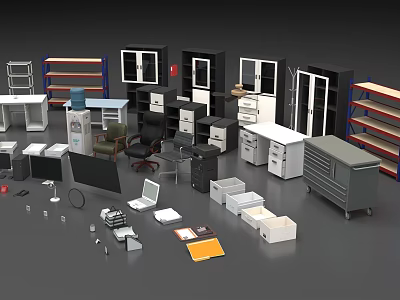 Modern Office Desk With Ergonomic Chair Filing Cabinet Computer And Bookshelf 3d model