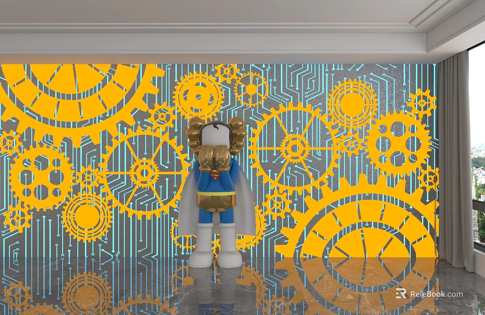 Yellow Gear Pattern Background Wall With Blue Tech Style Design Elements 3d model 