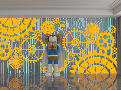 Yellow Gear Pattern Background Wall With Blue Tech Style Design Elements 3d model