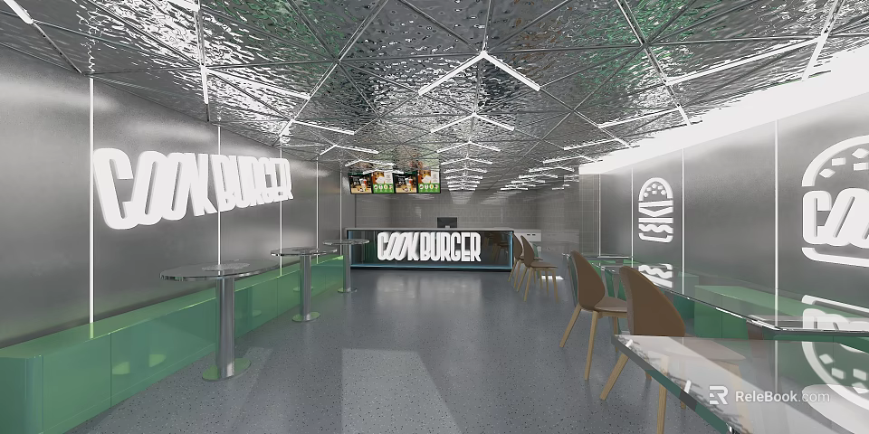 Cooklabel Restaurant Interior With Silver Ceiling Green Counter Wall Signs Tables And Chairs 3d model 