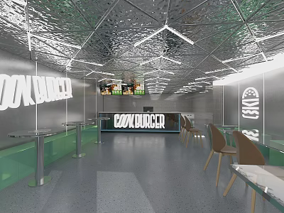 Cooklabel Restaurant Interior With Silver Ceiling Green Counter Wall Signs Tables And Chairs 3d model