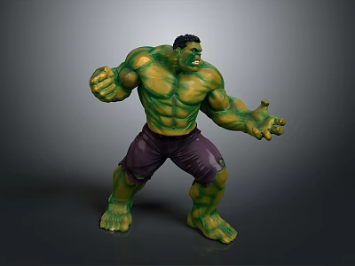 Muscular Green Hulk Action Figure With Purple Pants And Angry Expression 3d model