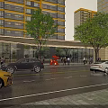 Vibrant Commercial Street With Modern High Rise Buildings Cars Pedestrians And Evening Lights