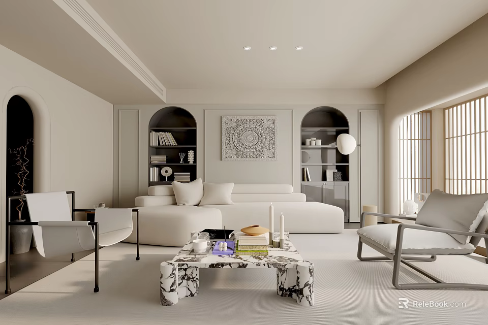 Modern Minimalist Cream Tone Living Room With Marble Coffee Table And Built In Storage Niches 3d model 