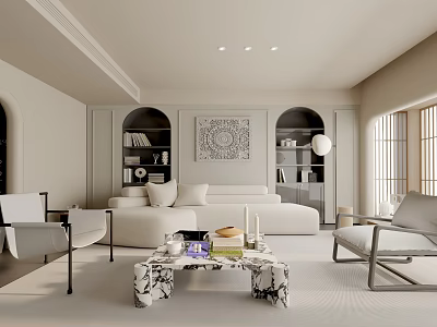 Modern Minimalist Cream Tone Living Room With Marble Coffee Table And Built In Storage Niches 3d model