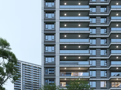 Modern High Rise Residential Building With Glass Windows Balconies And Green Trees In Surroundings 3d model