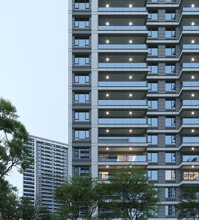 Modern High Rise Residential Building With Glass Windows Balconies And Green Trees In Surroundings 3d model