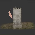 Ancient Stone Tower On Grass Covered Hillside With Figure Standing Top And Weathered Walls