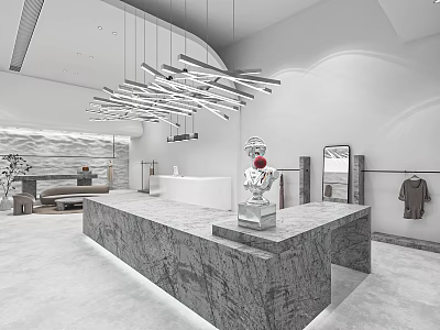 Modern Clothing Store Interior With Marble Counter Pendant Lights And Clothing Racks 3d model