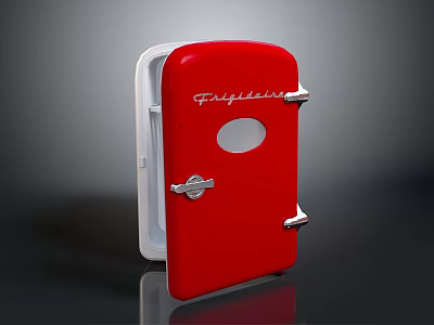 Red Vintage Frigidaire Refrigerator With Open Door White Trim Silver Handle And Round Window 3d model