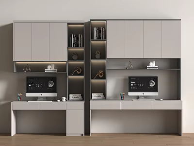 Modern Home Office Desks With Gray Cabinets Built-in Bookshelves Computer Monitors And Decorations 3d model