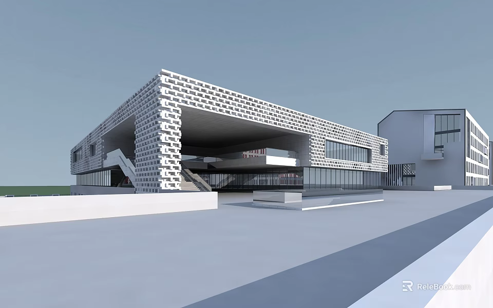 Modern School Building With Geometric White Facade And Large Glass Windows 3d model